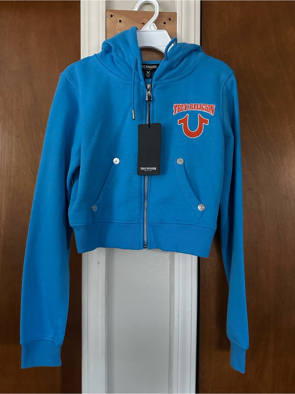 True Religion Bright Blue Zip Hoodie with Orange Logo